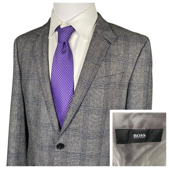 Hugo Boss Rhett1 Slim Fit Sport Coat 42R 44R Throat Latch Grey Plaid Windowpane - Picture 1 of 16